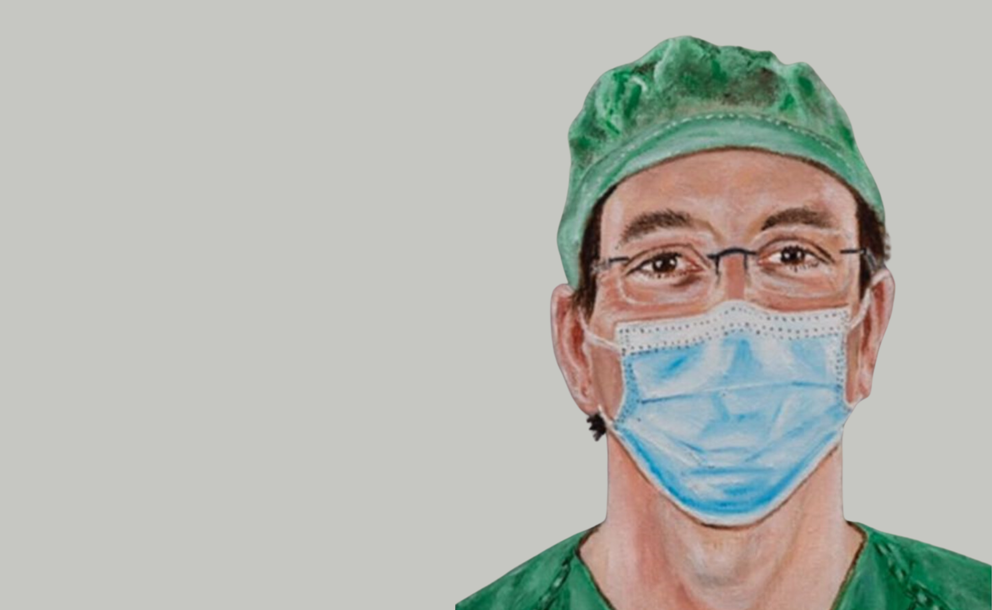 Litografia-Dr.-Servera. Rostro del Dr. Servera con atuendo de quirófano. Gorro y máscara.